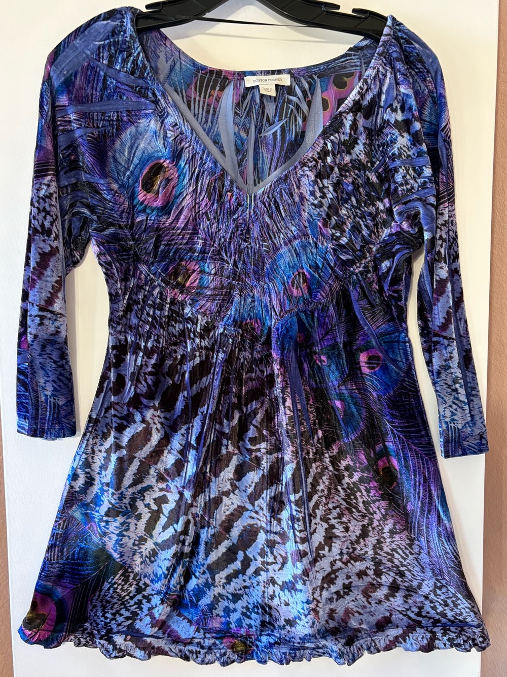 Boston Proper Indigo Peacock Feather Velour V-Neck Tunic Mini Dress Small S